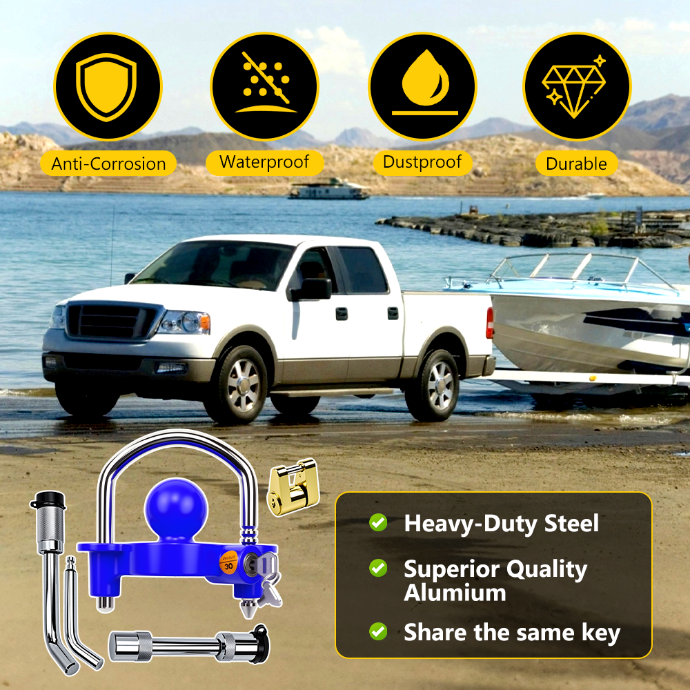 Product packaging for the Vypart 4-in-1 towing hitch lock set, showing anti-theft features