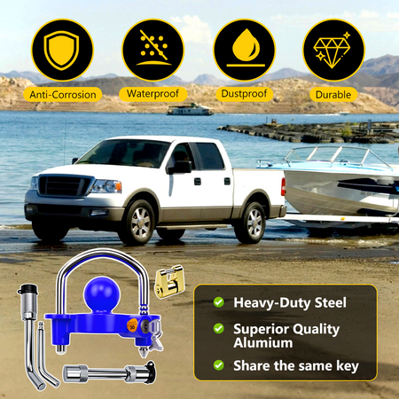 Product packaging for the Vypart 4-in-1 towing hitch lock set, showing anti-theft features