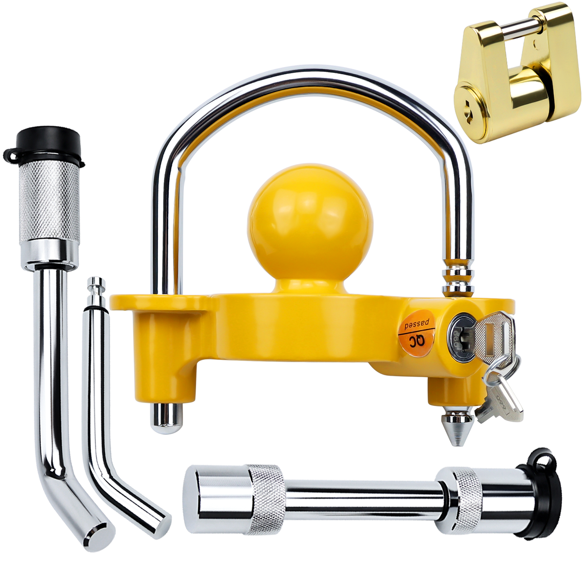 Vypart heavy-duty steel lock set featuring 4 different trailer hitch locks compatible with one key, displayed on a solid background