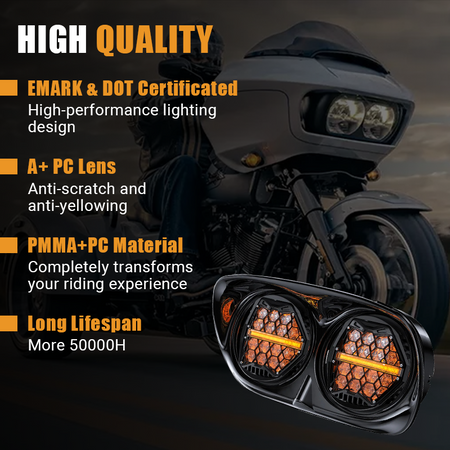 Vypart 5.75-inch dual headlight is EMARK and DOT certified, ensuring legal and safe riding. Features an A+ PC lens that is anti-scratch, anti-yellowing, and PMMA+PC materials for a long lifespan of over 50,000 hours.