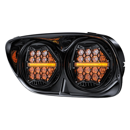 Vypart 5.75-inch motorcycle dual LED headlight featuring an aggressive amber DRL and durable black housing. Direct replacement to deliver superior illumination and a modern, customized look for Harley Road Glide and other cruiser motorcycles.