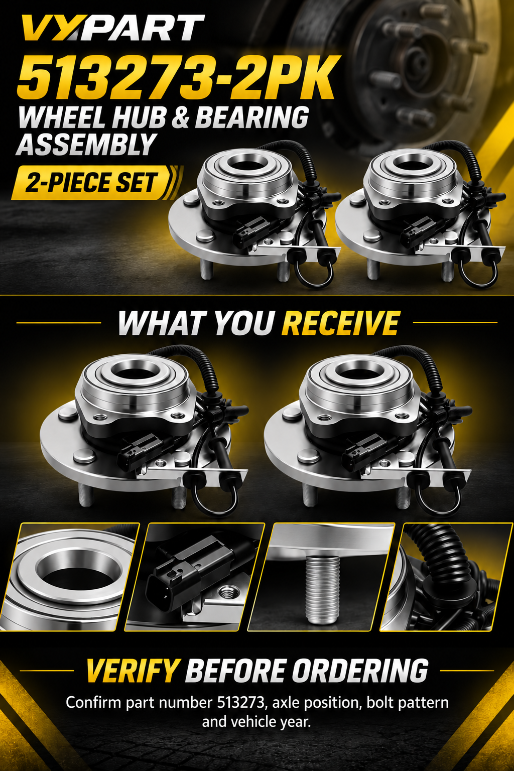 Vypart 513273-2PK wheel hub bearing assembly A+ guide with product views and fitment check