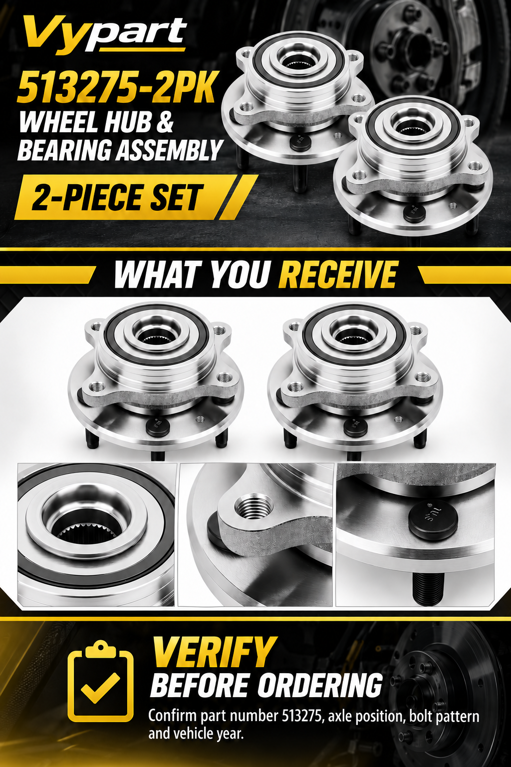 Vypart 513275-2PK wheel hub bearing assembly A+ guide with product views and fitment check