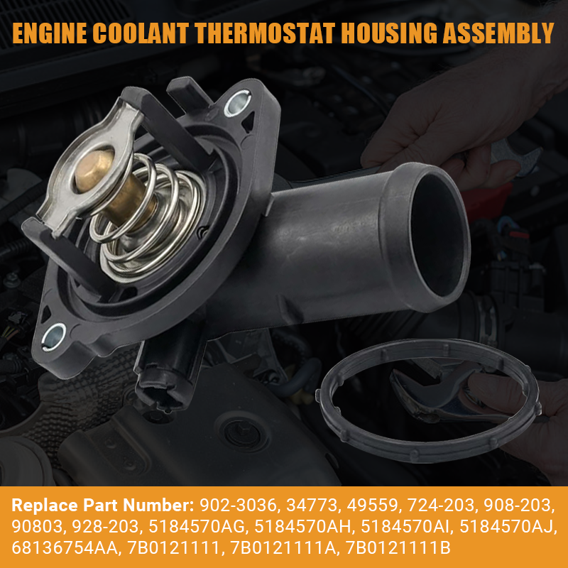 Vypart 5184570AJ complete thermostat housing assembly featuring broad OEM interchange compatibility (including 902-3036, 34773, 5184570AG, 68136754AA), ensuring a precise, hassle-free fit and restoring optimal engine temperature control.