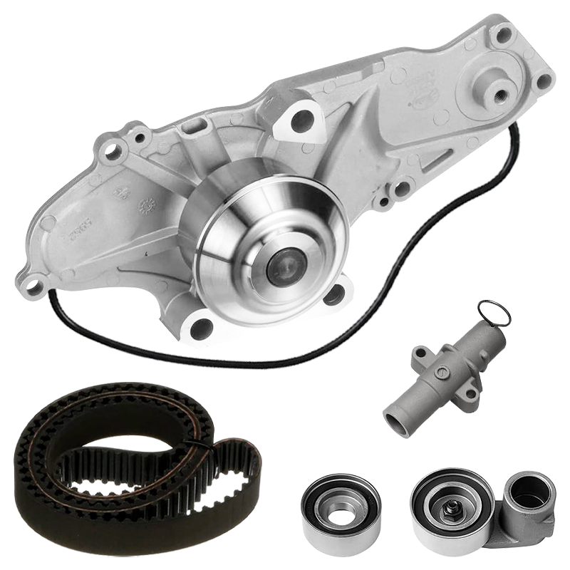 Complete engine timing belt repair kit including water pump, belt, pulleys, and tensioners
