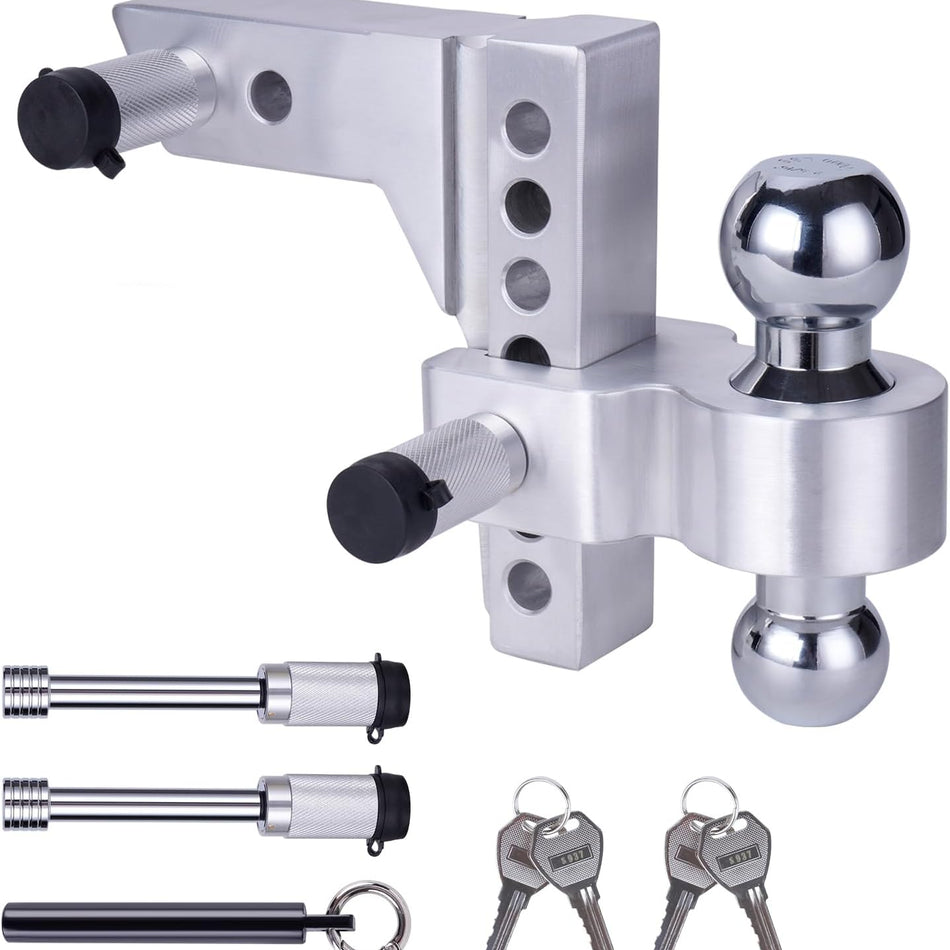 Vypart Adjustable Trailer Hitch, main product shot showing 6-inch drop/rise range and chrome plated steel tow balls