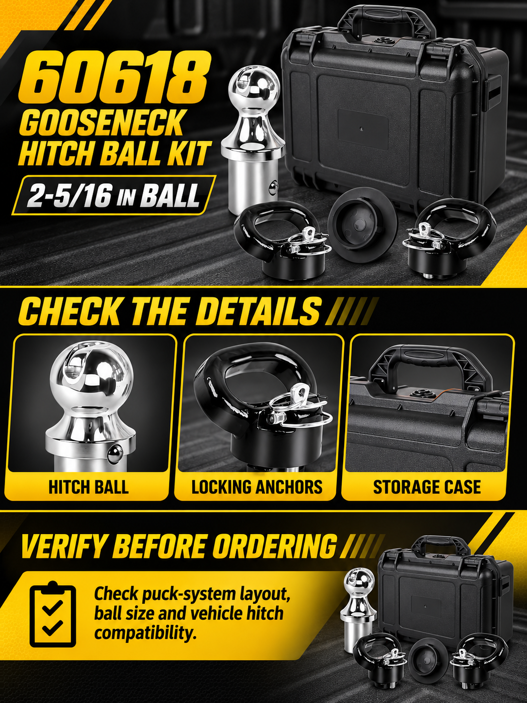 Vypart 60618 gooseneck hitch ball kit A+ guide showing 2-5/16 inch ball, locking anchors and storage case