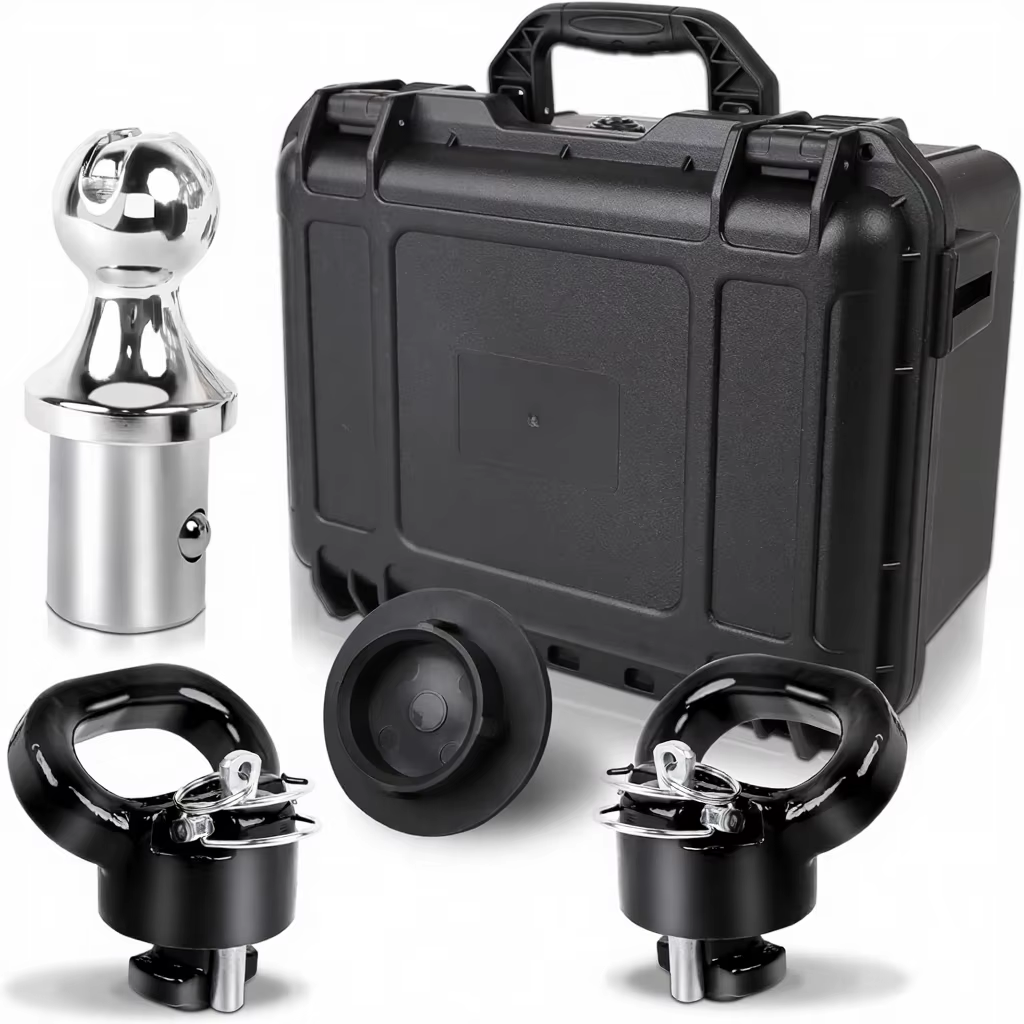 Complete Vypart 60618 puck system gooseneck hitch ball kit with 2-5/16-inch ball and safe lock anchors, all components laid out