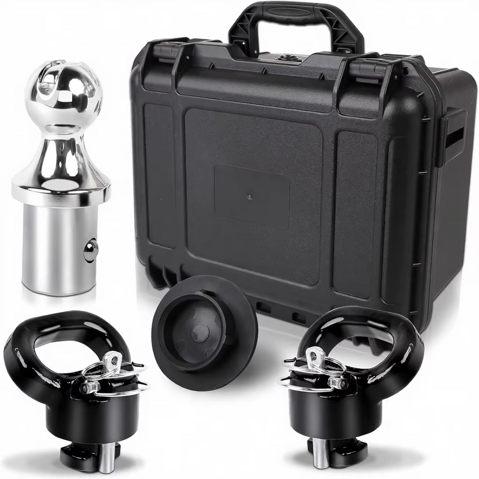 Complete Vypart 60618 puck system gooseneck hitch ball kit with 2-5/16-inch ball and safe lock anchors, all components laid out