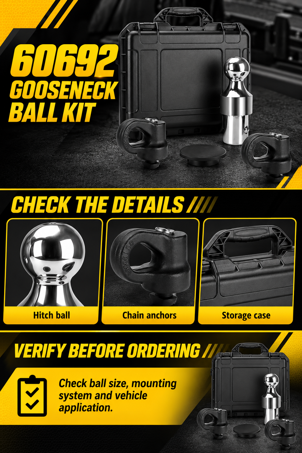 Vypart 60692 gooseneck ball kit A+ guide showing hitch ball, chain anchors, storage case and ordering checks