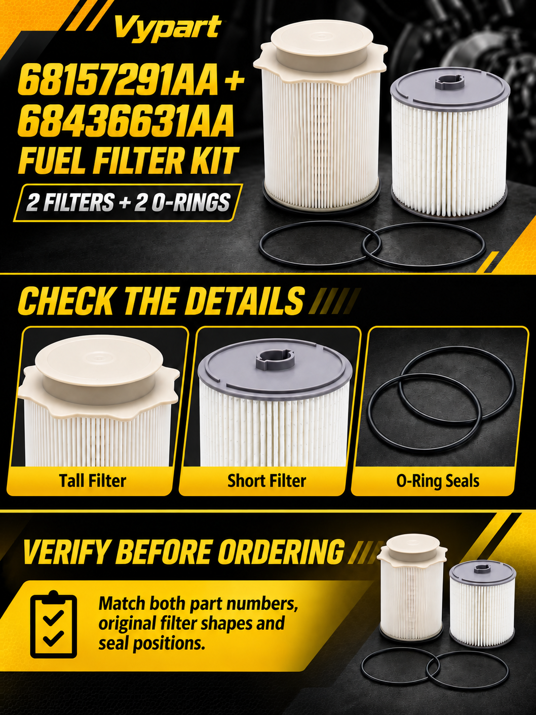 Vypart 68157291AA 68436631AA fuel filter kit A+ guide showing two filters, two O-ring seals and part number check