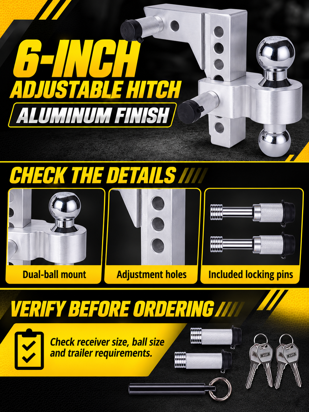 Vypart silver aluminum 6-inch adjustable dual-ball hitch A+ guide showing ball mount, adjustment holes, locking pins and ordering checks