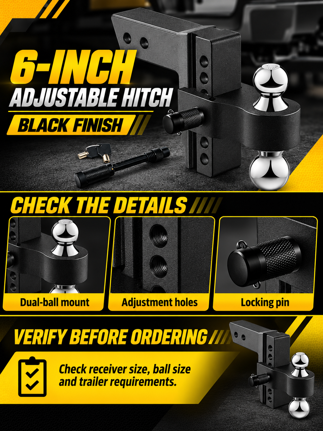 Vypart black 6-inch adjustable dual-ball hitch A+ guide showing ball mount, adjustment holes, locking pin and ordering checks