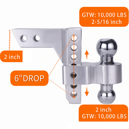 Side-by-side demonstration showing the hitch in both the full 6-inch drop position and the full rise position