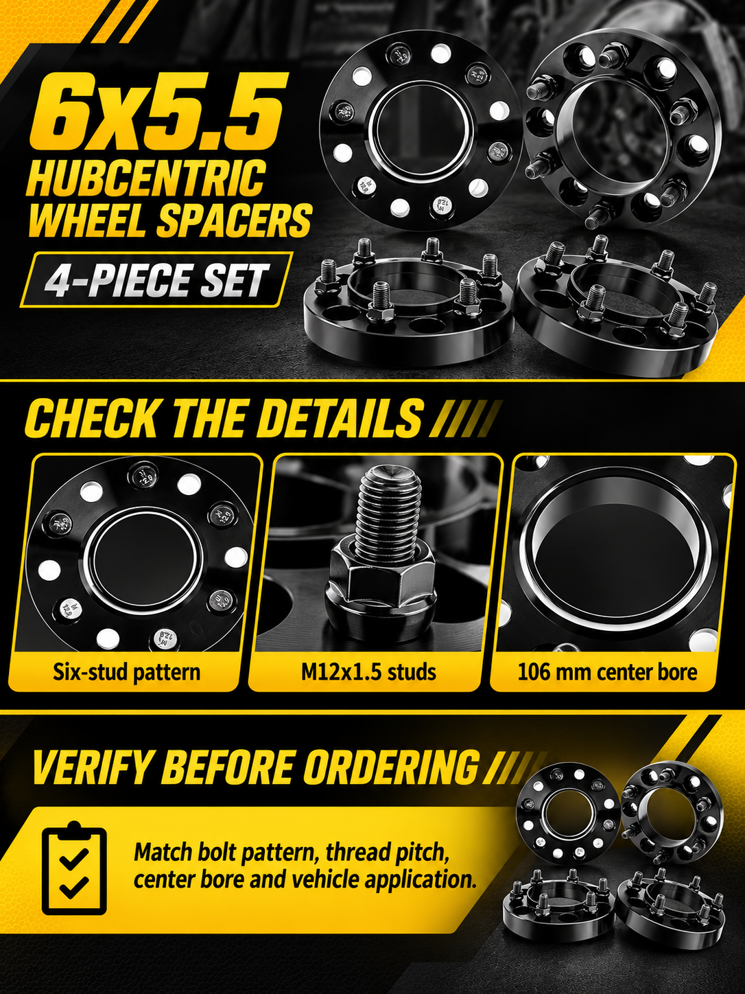 Vypart 6x5.5 wheel spacers four-piece A+ guide showing six-stud pattern, M12x1.5 studs and 106 mm center bore