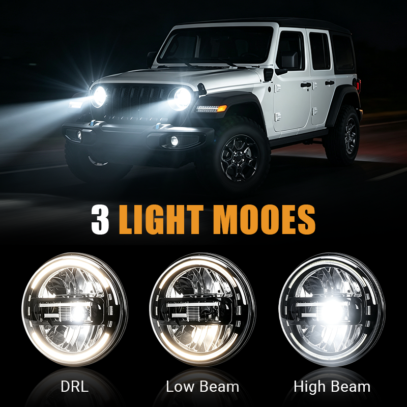 Experience versatile lighting with the Vypart 7-inch LED headlight set. Features a distinct white DRL halo, powerful low beam, and high beam, offering precise illumination and enhanced safety for night driving.