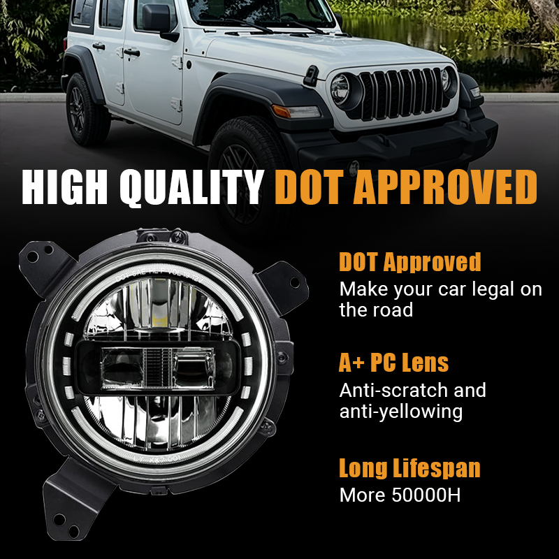 Vypart 7-inch LED headlights are DOT approved, making your vehicle legal on the road. Features an A+ PC lens that is anti-scratch and anti-yellowing, along with a long lifespan of over 50,000 hours.