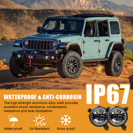 Built with a high-strength aluminum alloy shell, the Vypart 7-inch LED headlight set provides excellent shock resistance, compression resistance, and heat dissipation. IP67 rated to withstand water, UV, and snow.