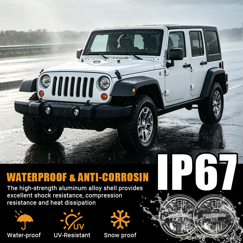 Built with a high-strength aluminum alloy shell, the Vypart 7-inch LED headlight set provides excellent shock resistance, compression resistance, and heat dissipation. IP67 rated to withstand heavy rain, UV, and snow.