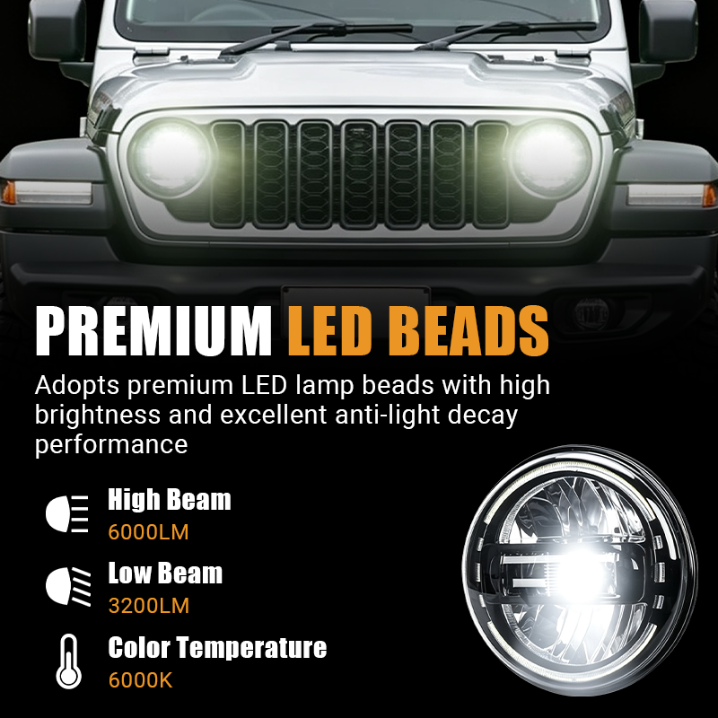 Adopting premium LED lamp beads, the Vypart 7-inch headlight delivers 6000LM high beam and 3200LM low beam at a 6000K color temperature, ensuring high brightness and excellent anti-light decay performance.