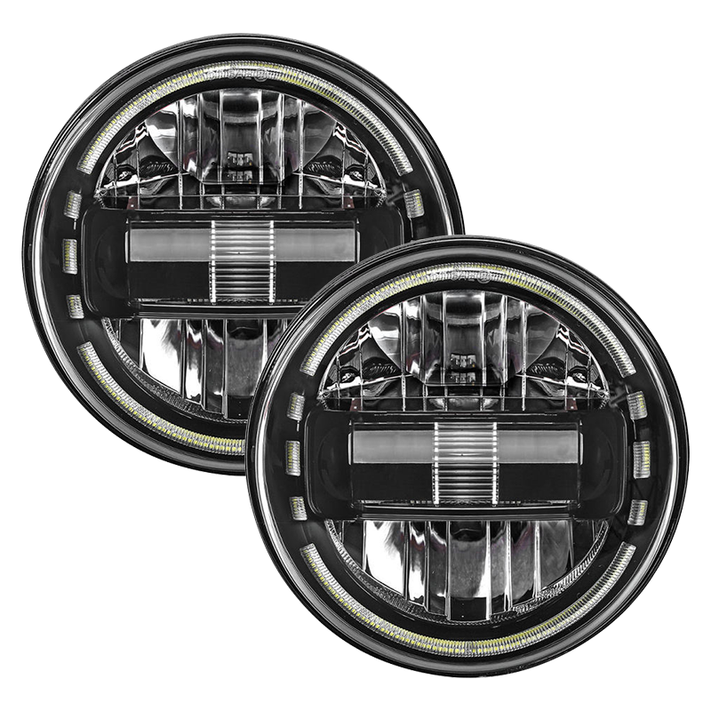 Vypart 7-inch LED headlight set for Jeep Wrangler JK, featuring a high-brightness DRL halo and durable black housing. Directly replaces factory headlights to deliver superior illumination and a modern, aggressive look.