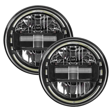 Vypart 7-inch LED headlight set for Jeep Wrangler JK, featuring a high-brightness DRL halo and durable black housing. Directly replaces factory headlights to deliver superior illumination and a modern, aggressive look.
