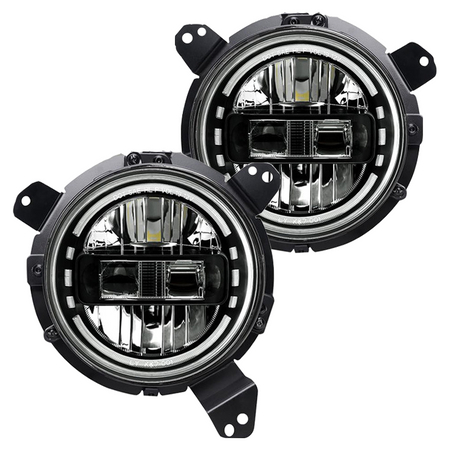 Vypart 7-inch LED headlight set for Jeep Wrangler JL, featuring a high-brightness DRL halo and durable black housing. Directly replaces factory headlights to deliver superior illumination and a modern, aggressive look.