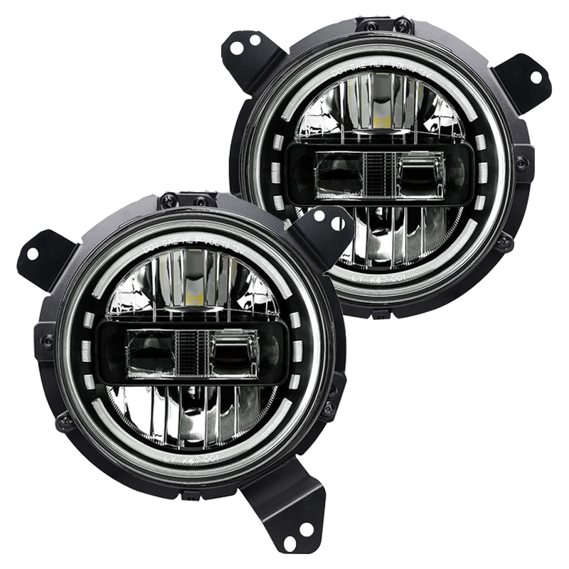 Vypart 7-inch LED headlight set for Jeep Wrangler JL, featuring a high-brightness DRL halo and durable black housing. Directly replaces factory headlights to deliver superior illumination and a modern, aggressive look.