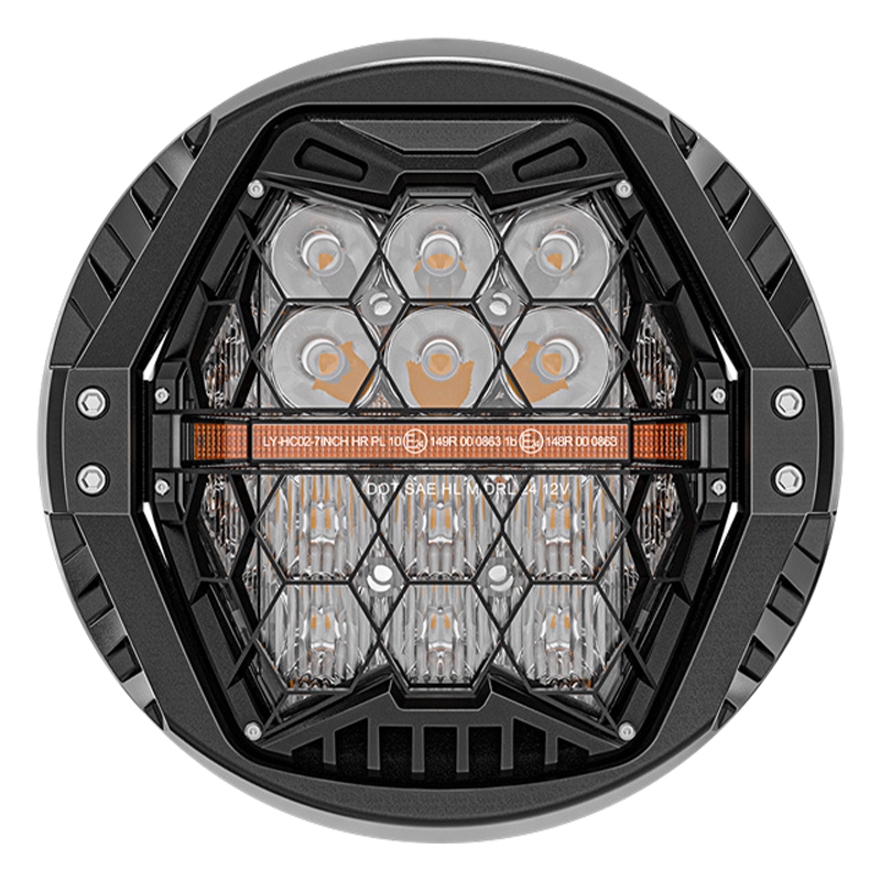 Vypart 7-inch motorcycle LED headlight featuring a high-brightness amber DRL strip and a durable black housing. Direct replacement to deliver superior illumination and a modern, aggressive look for Harley and other cruiser motorcycles.