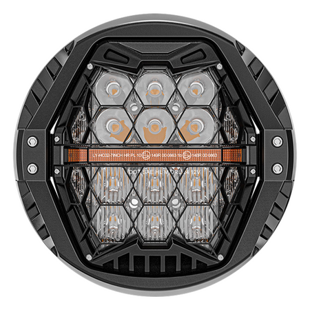 Vypart 7-inch motorcycle LED headlight featuring a high-brightness amber DRL strip and a durable black housing. Direct replacement to deliver superior illumination and a modern, aggressive look for Harley and other cruiser motorcycles.