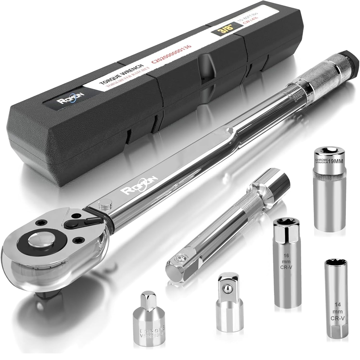 Complete 7-piece set of the Vypart 3/8 inch drive click torque wrench, including all accessories, neatly arranged in its storage case