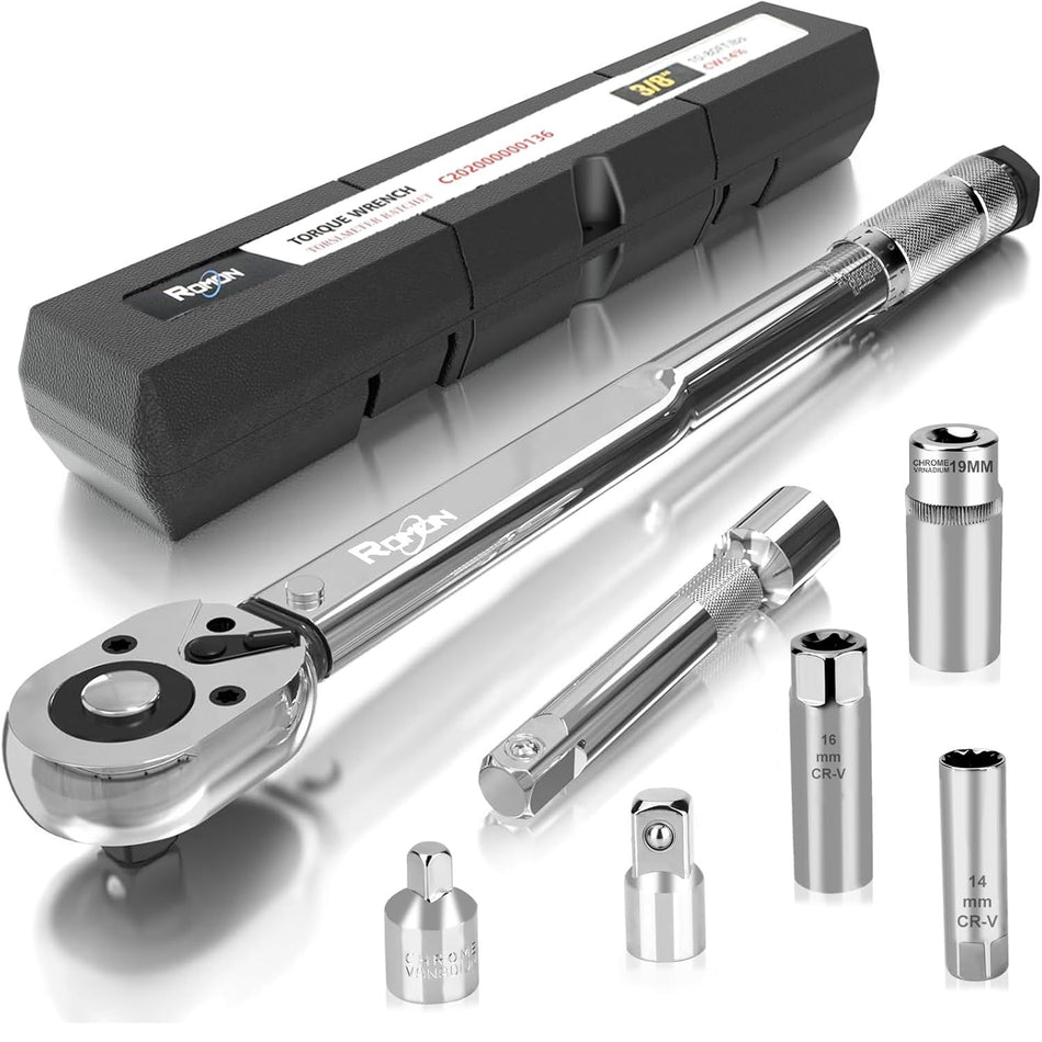 Complete 7-piece set of the Vypart 3/8 inch drive click torque wrench, including all accessories, neatly arranged in its storage case