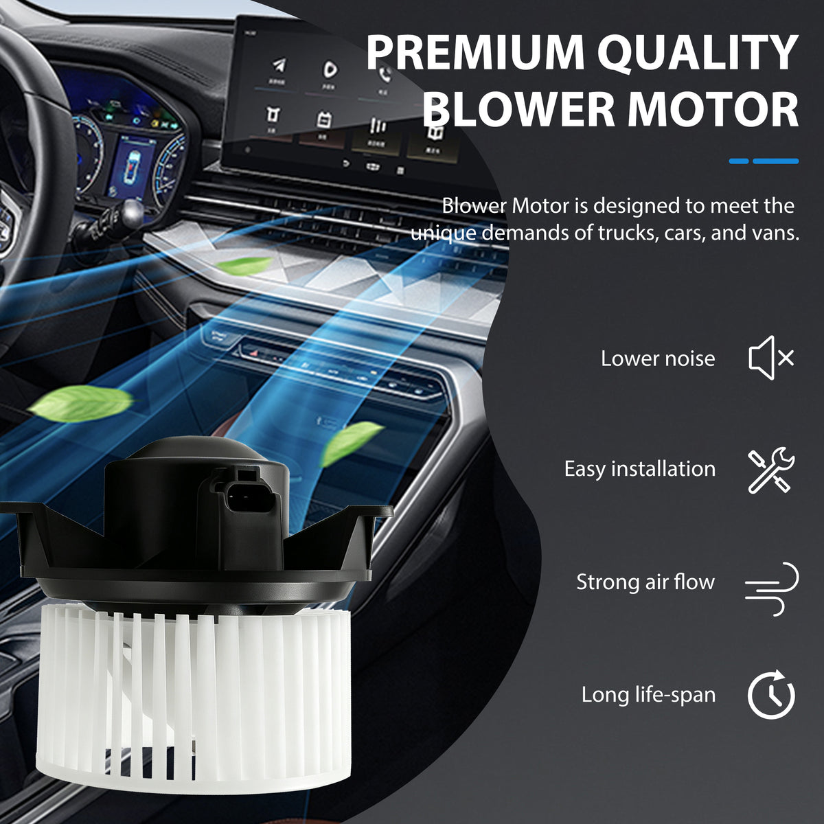 Core benefits of Vypart 700101 AC heater blower motor featuring low noise, strong airflow, easy screw-mount installation, and long service life
