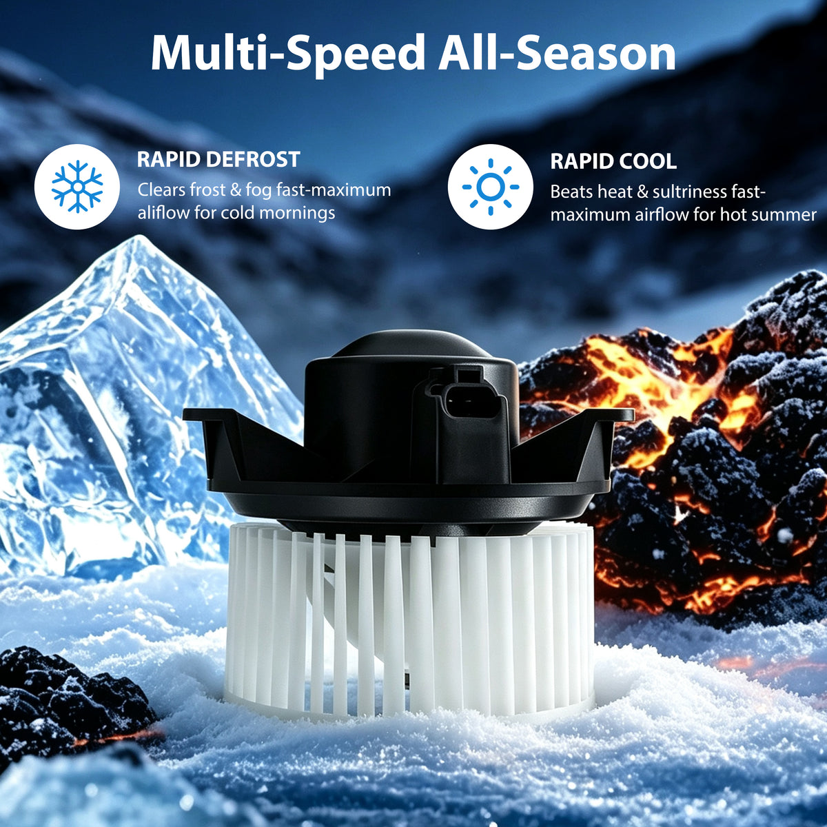 Vypart 700101 blower motor all-season performance graphic illustrating rapid winter windshield defrosting and powerful summer AC cooling

