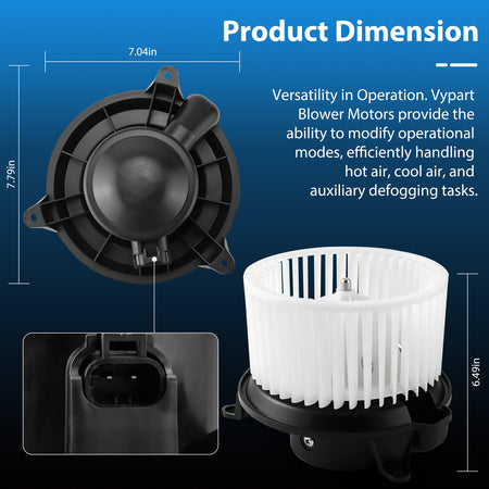 Dimension diagram of Vypart 700101 blower motor showing 6.49 inch height, 7.79 inch base width, and 2-pin connector socket
