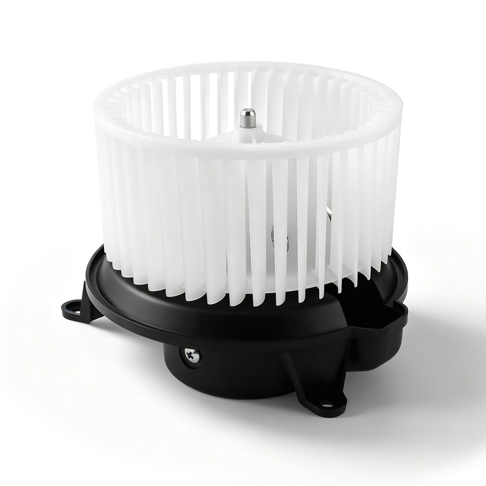 Vypart 700101 front HVAC AC heater blower motor assembly with white fan impeller and black screw mount housing on white background
