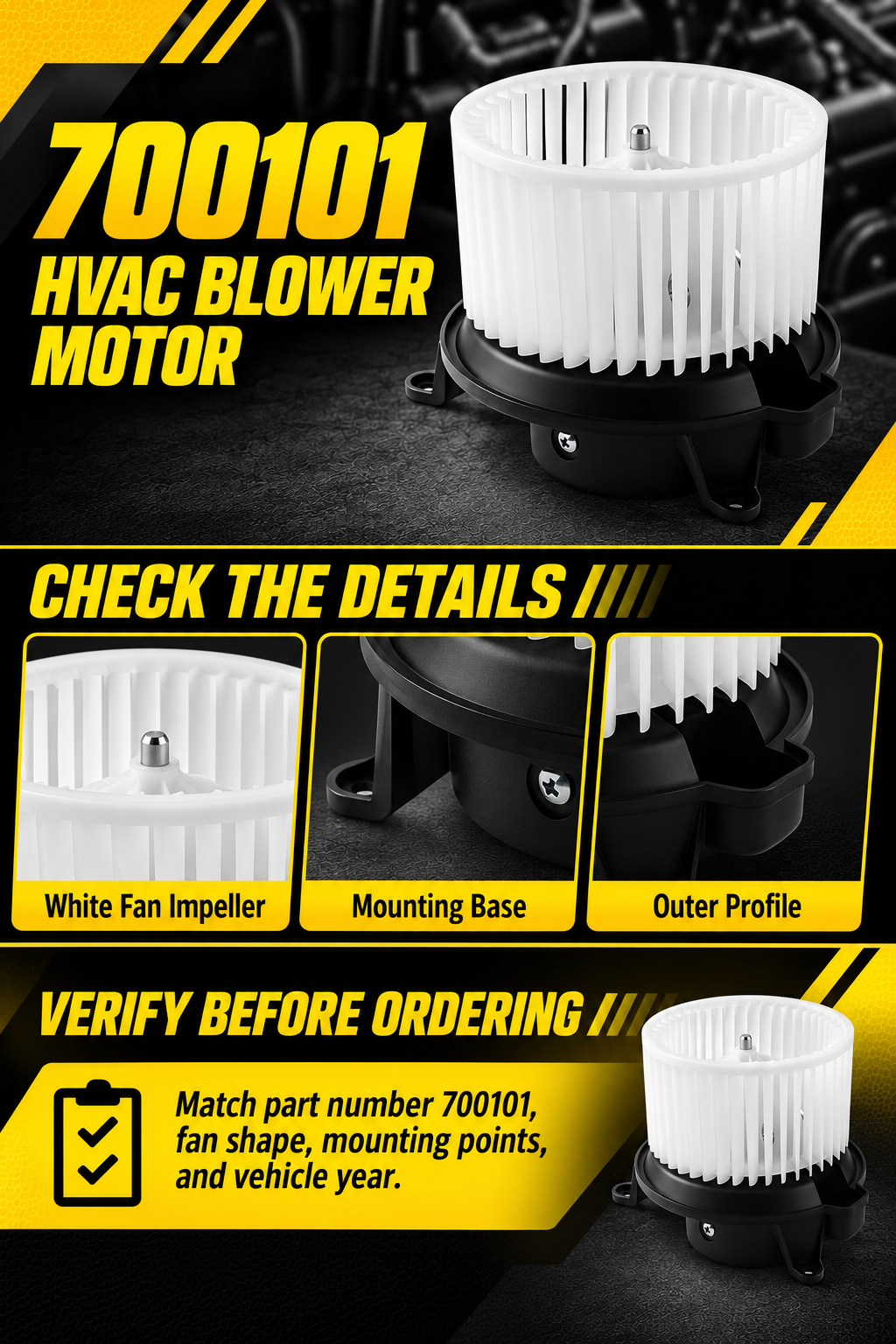 Vypart 700101 HVAC blower motor A+ guide showing white fan impeller, black mounting base, outer profile and part number check