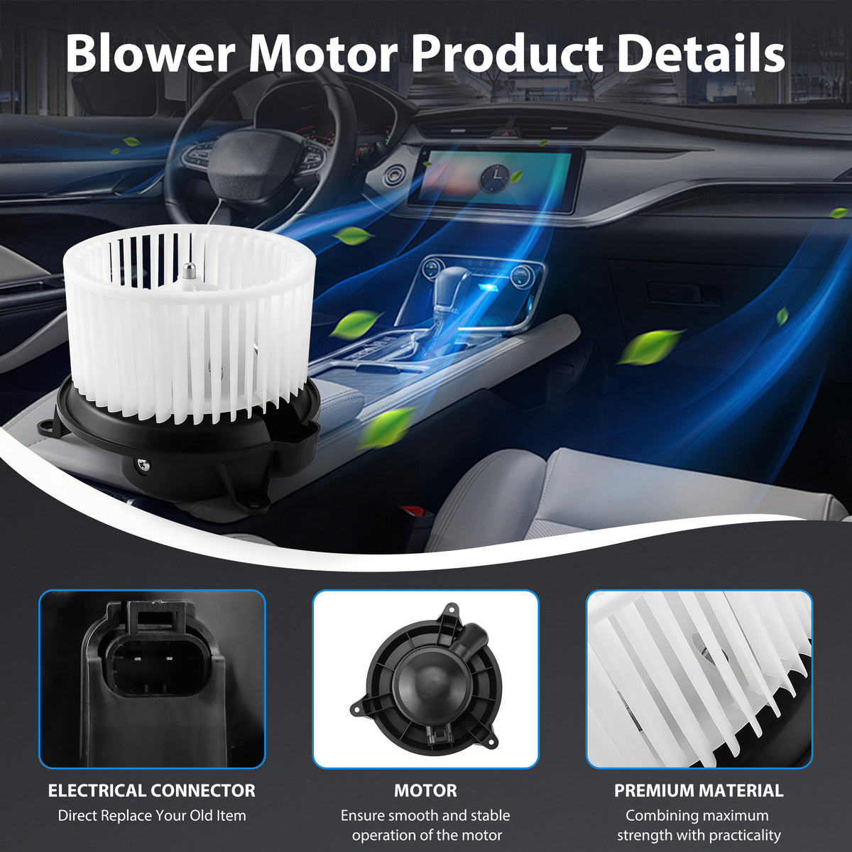 Vypart 700101 HVAC blower motor product details highlighting 2-pin electrical connector, balanced motor, and high-strength fan wheel
