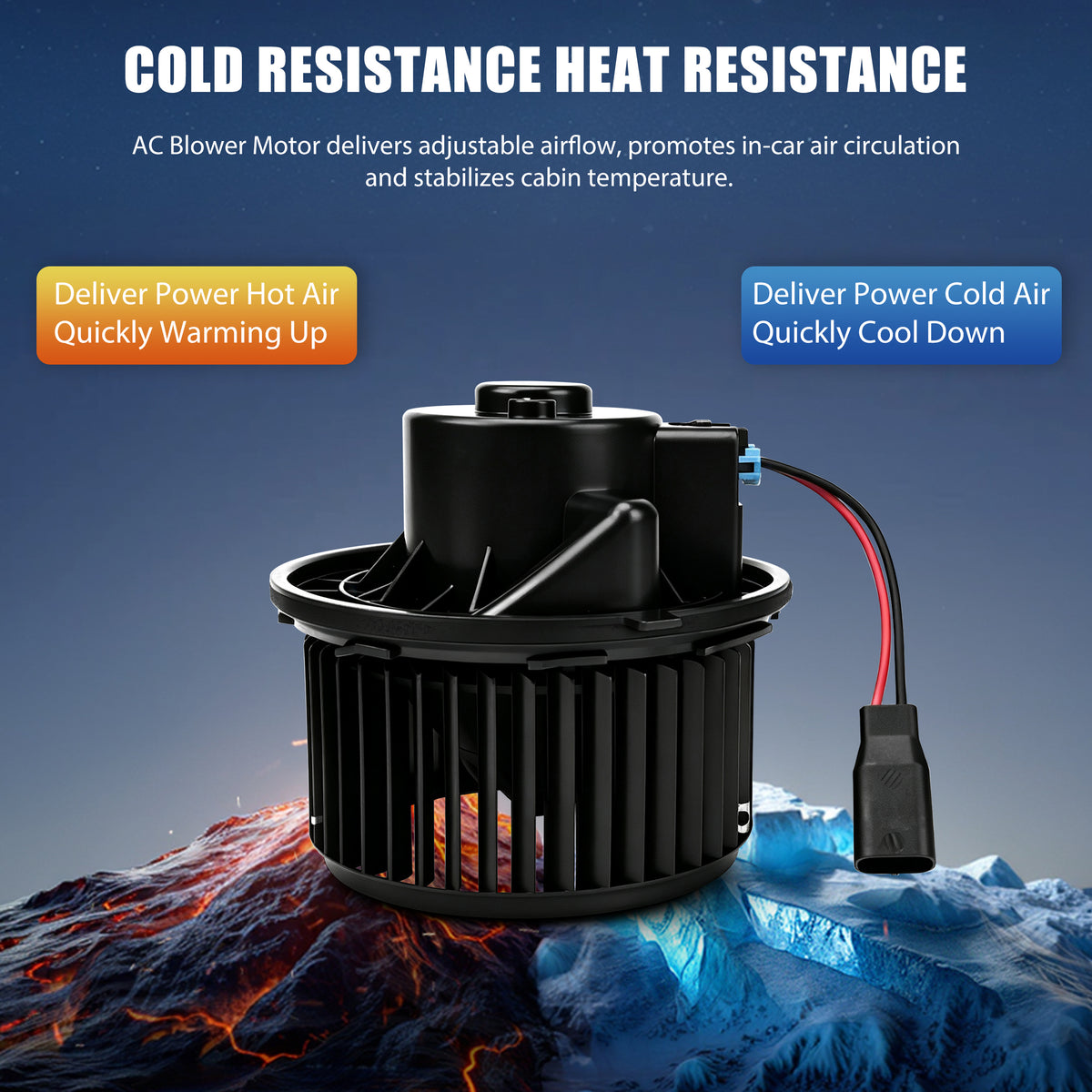 Vypart 700164 blower motor cold and heat resistance graphic showing rapid cabin heating in winter and fast cooling in summer

