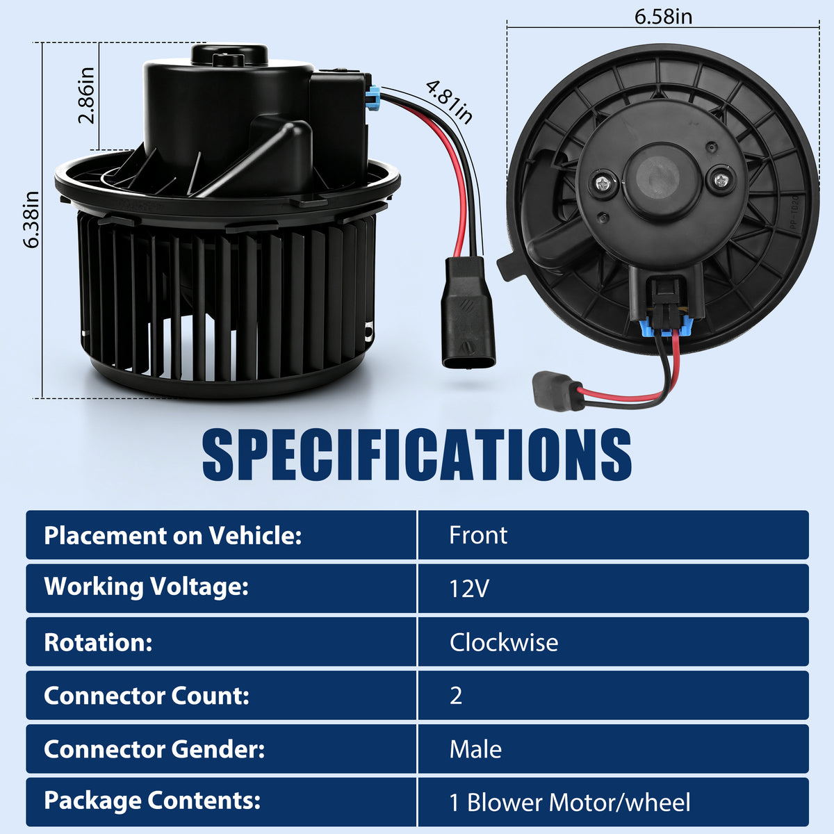 Product dimensions and technical specifications of Vypart 700164 blower motor with 6.38 inch height, 6.58 inch base, and 12V clockwise rating
