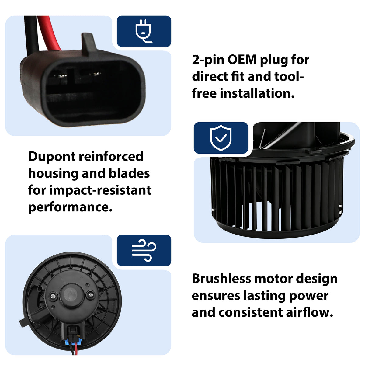 Product construction details of Vypart 700164 blower motor featuring Dupont reinforced housing, brushless motor, and 2-pin OEM plug
