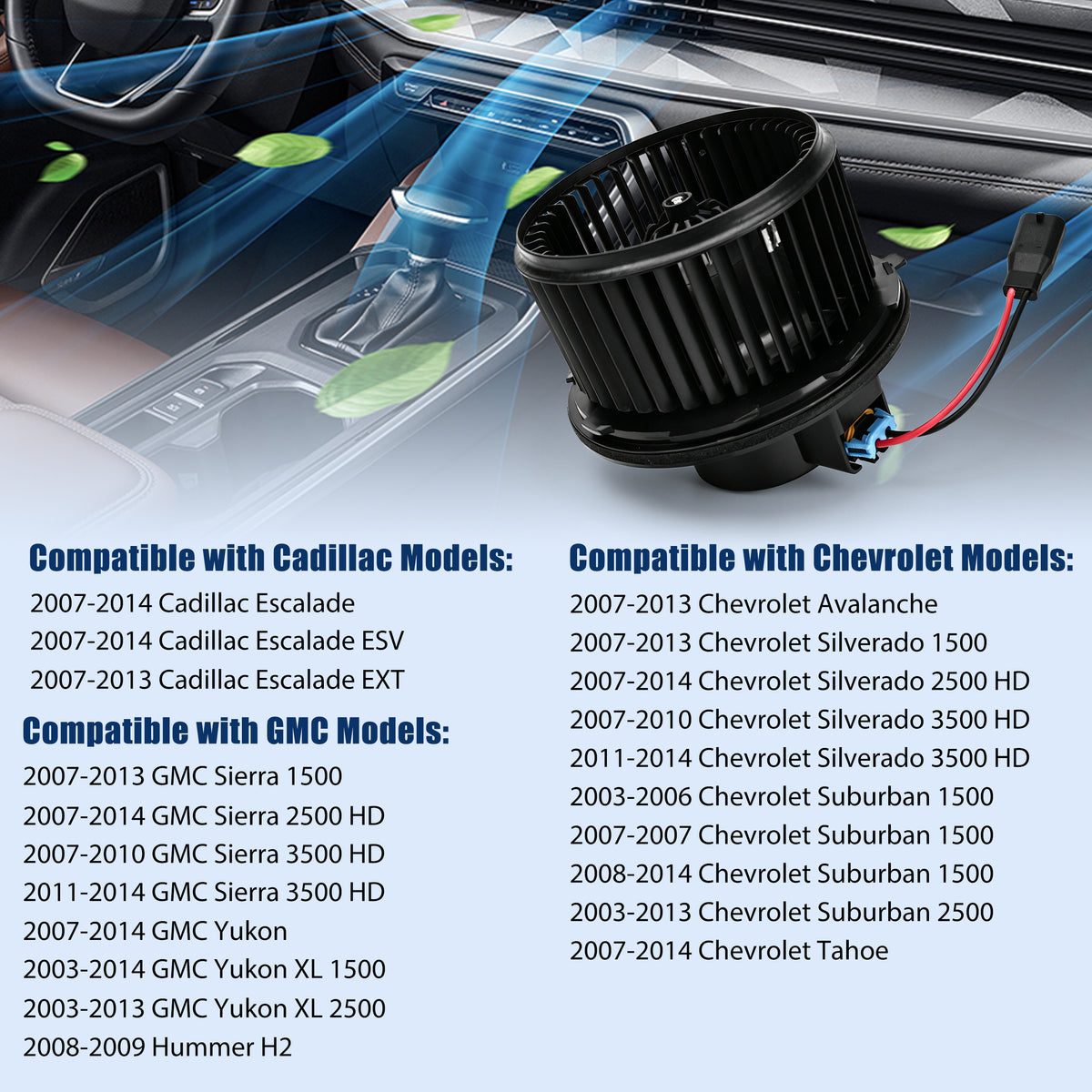 Vehicle compatibility list for Vypart 700164 blower motor fitting Cadillac Escalade, Chevy Silverado, Tahoe, Suburban, and GMC Sierra

