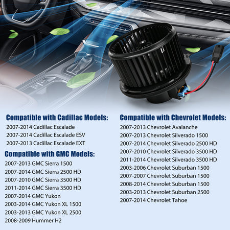 Vehicle compatibility list for Vypart 700164 blower motor fitting Cadillac Escalade, Chevy Silverado, Tahoe, Suburban, and GMC Sierra
