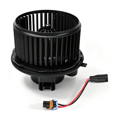 Vypart 700164 front HVAC heater blower motor assembly with black impeller cage and 2-pin wiring harness on white background
