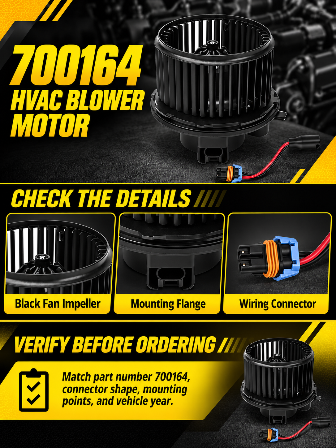 Vypart 700164 HVAC blower motor A+ guide showing black fan impeller, mounting flange, red and black wiring connector and part number check