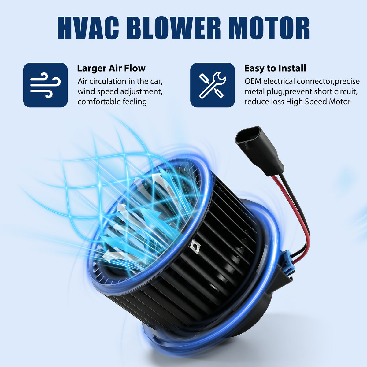 Vypart 700164 HVAC blower motor displaying powerful cabin airflow circulation and high-speed plug-and-play installation
