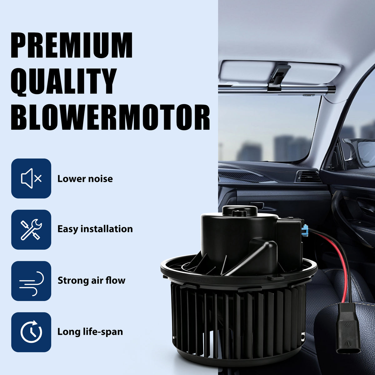 Key features of Vypart 700164 blower motor highlighting quiet operation, easy installation, powerful airflow, and extended service life
