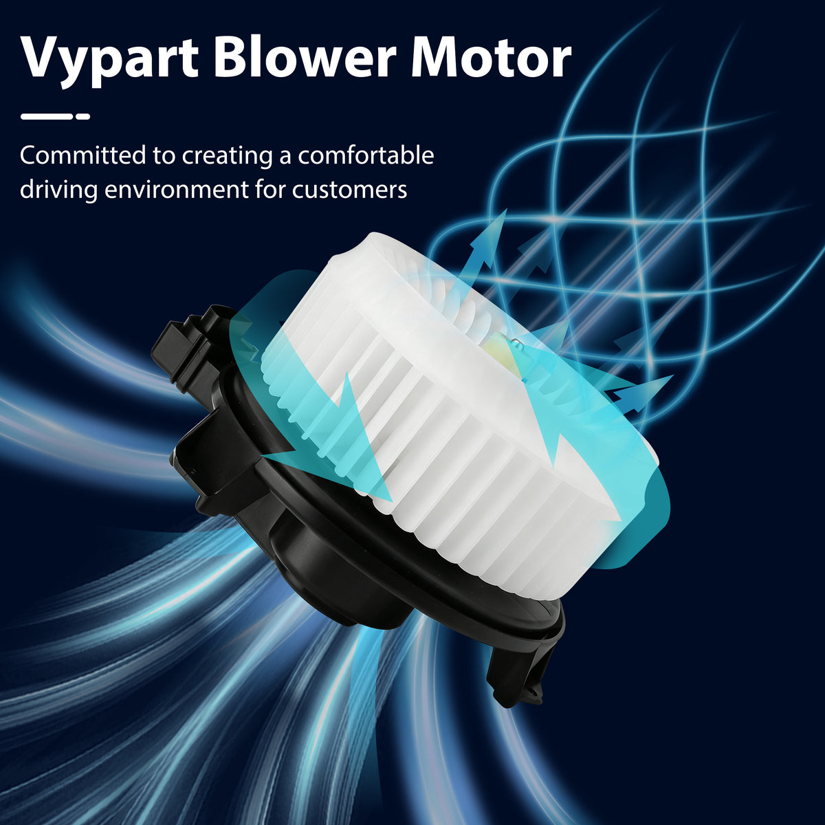 Vypart 700203 blower motor shown with an illustrative vehicle cabin airflow graphic