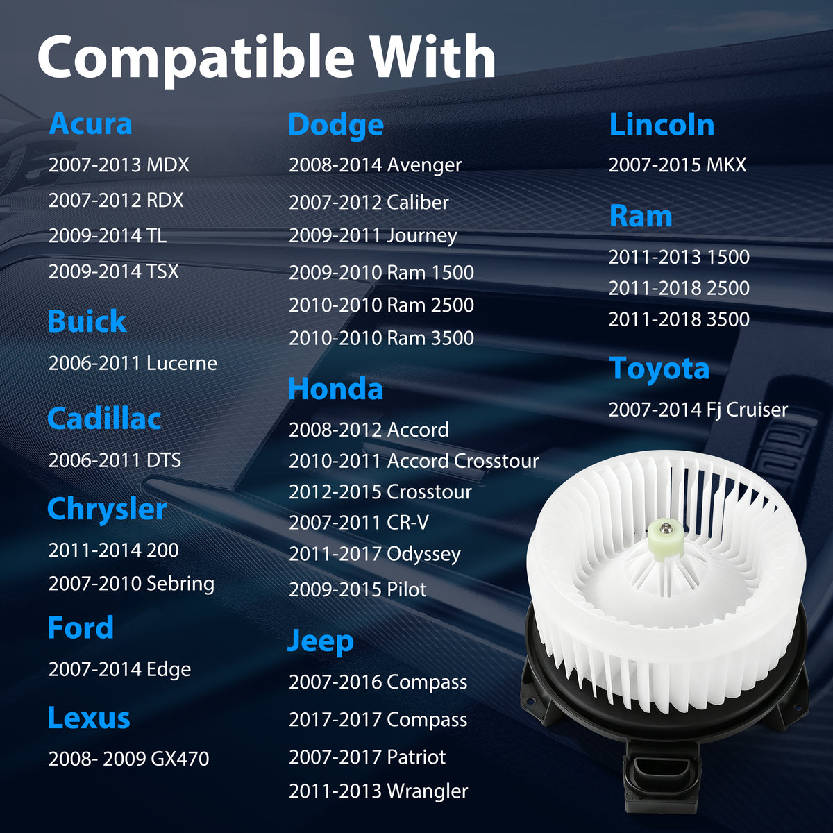 Vypart 700203 blower motor supplied vehicle compatibility chart for selected models