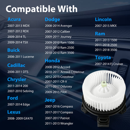 Vypart 700203 blower motor supplied vehicle compatibility chart for selected models